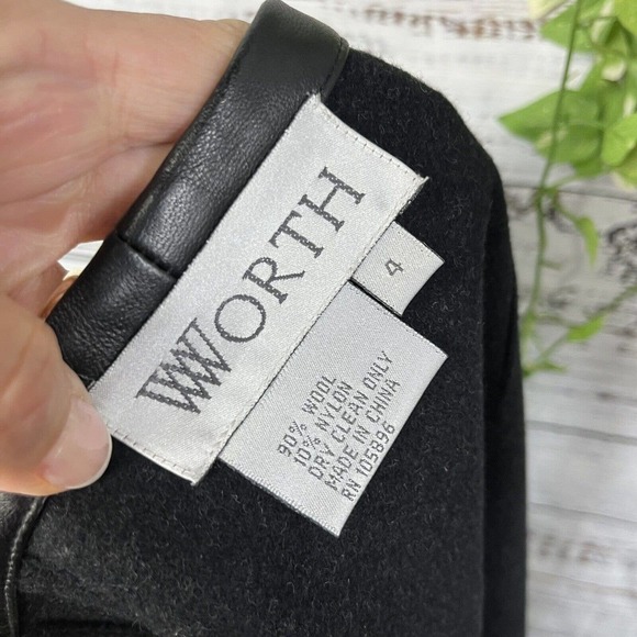 Worth Skirt size 4 Black Gray Wool Tweed Wrap Knee Faux Leather Career Modest - Picture 13 of 13